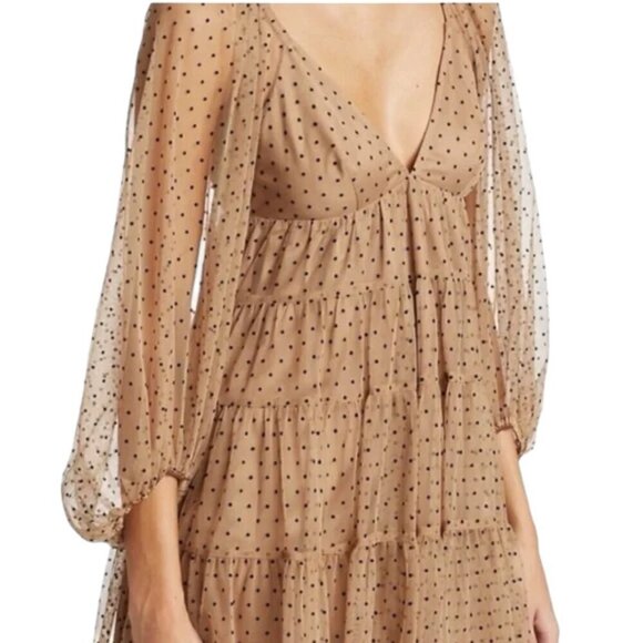 Staud Meadow Puff Sleeve Tan Black Polka Dot V Neck Tiered Dress - Picture 3 of 14